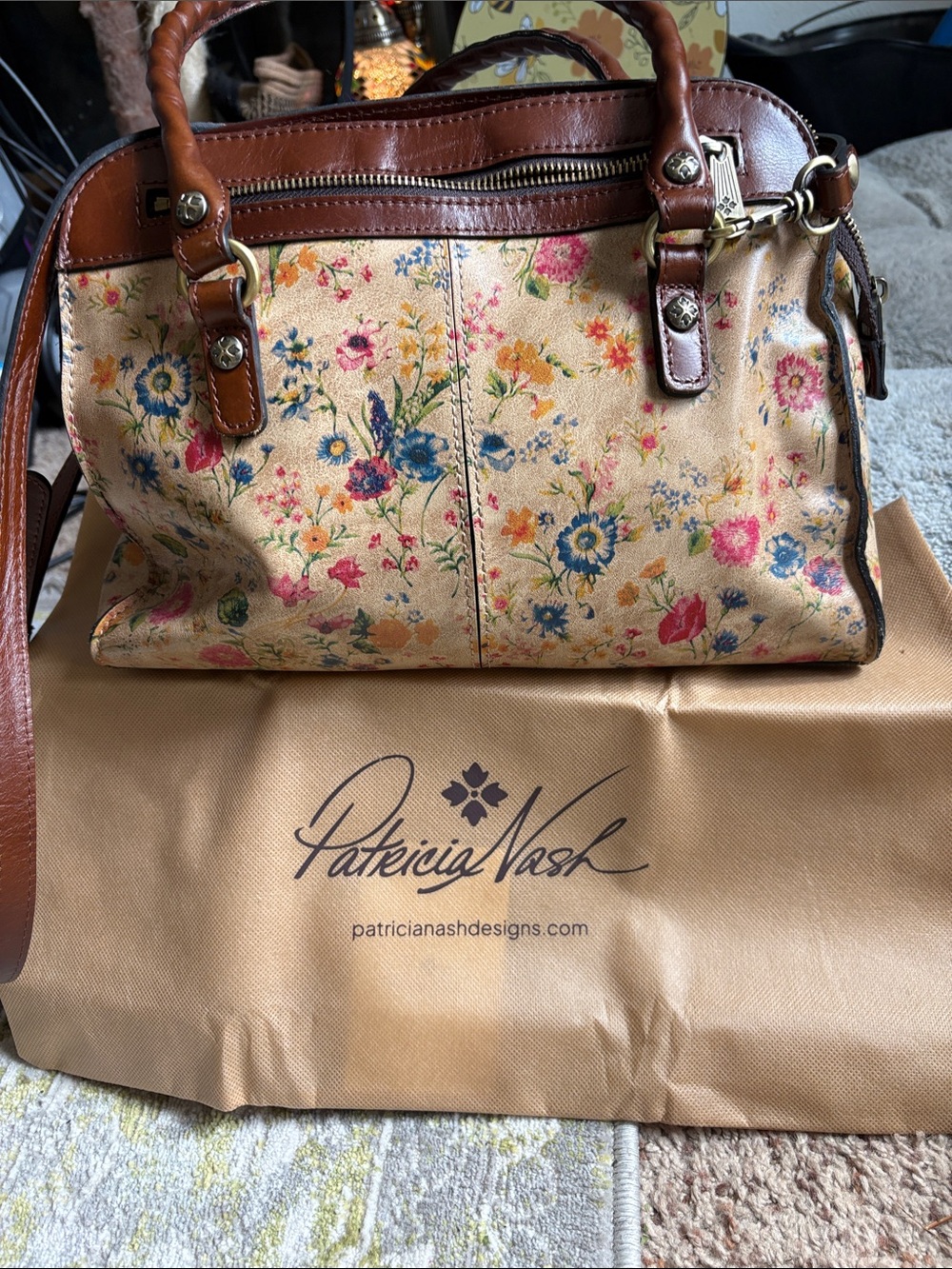 Patricia Nash Floral Leather Satchel in Cream with Brown Trim